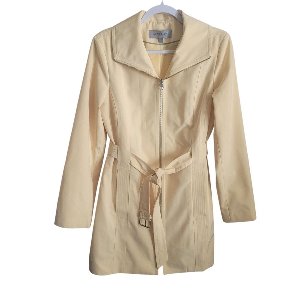 Ann Klein Vintage Trench Coat Womens Size Medium Yellow Waterproof Preppy Belted